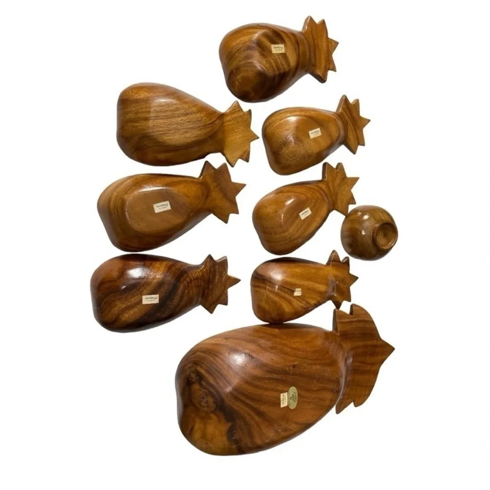 Vintage 1960s Monkey Pod Wood Pineapple Salad Bowl Set 9 Pc Philippines